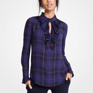 Ann Taylor Plaid Pleated Ruffle Blouse
